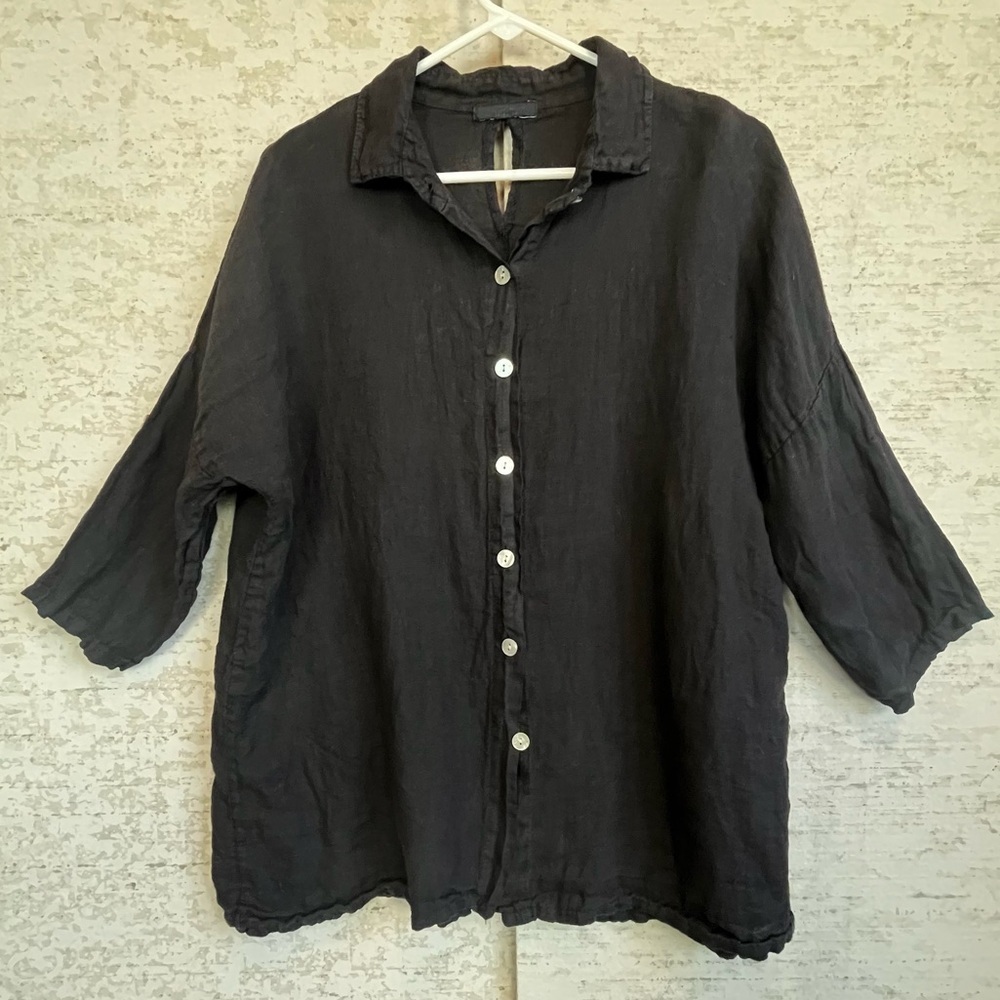 Meo Meli Womens Black 100% Linen Top Size Medium Made in Italy Lagenlook Beachy